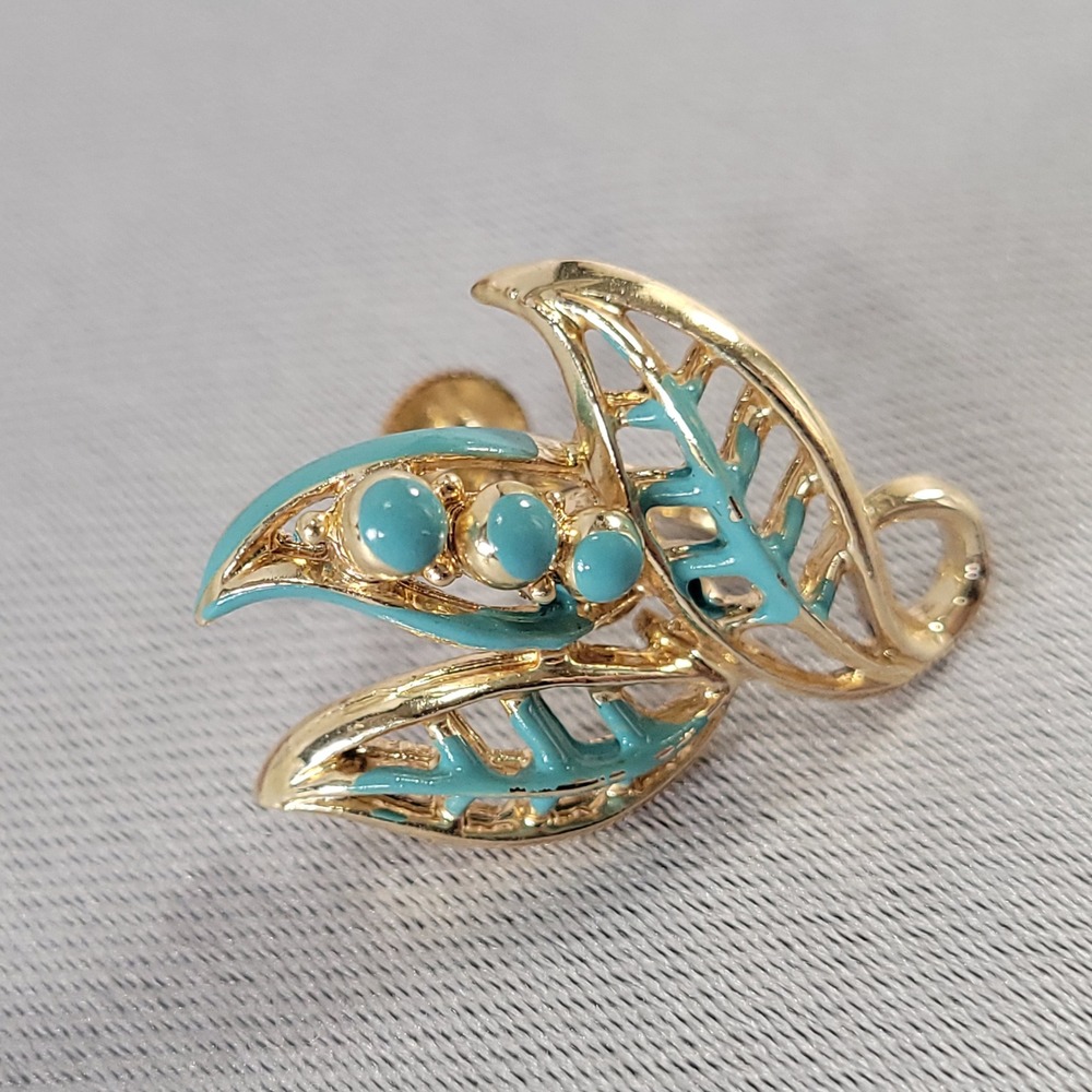 Coro Vintage Gold‎ Tone Earrings Turquoise Blue Enamel Leaf Screw Back - Picture 4 of 7